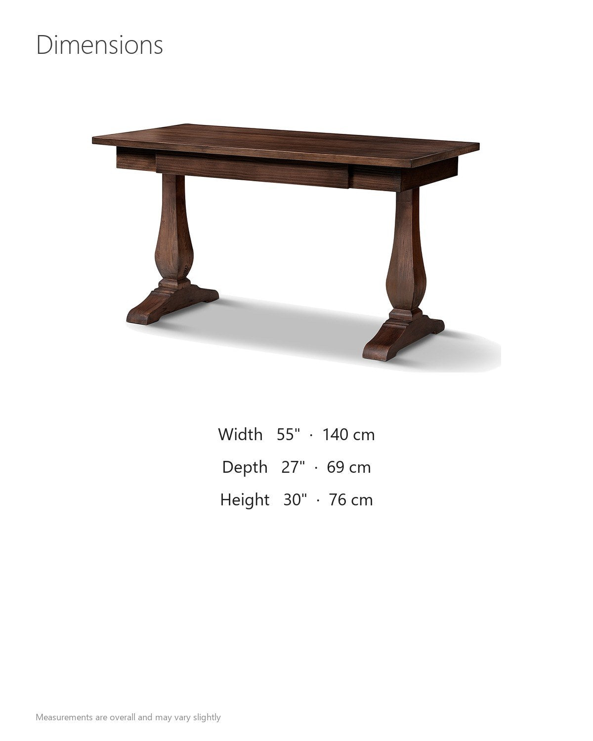 Maida 55-Inch Reclaimed Pine Trestle Writing Desk dimensions