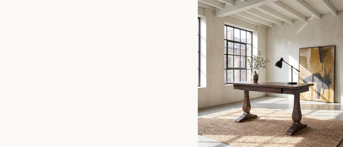 Warm wood for a quiet study. - Maida 55-Inch Reclaimed Pine Trestle Writing Desk