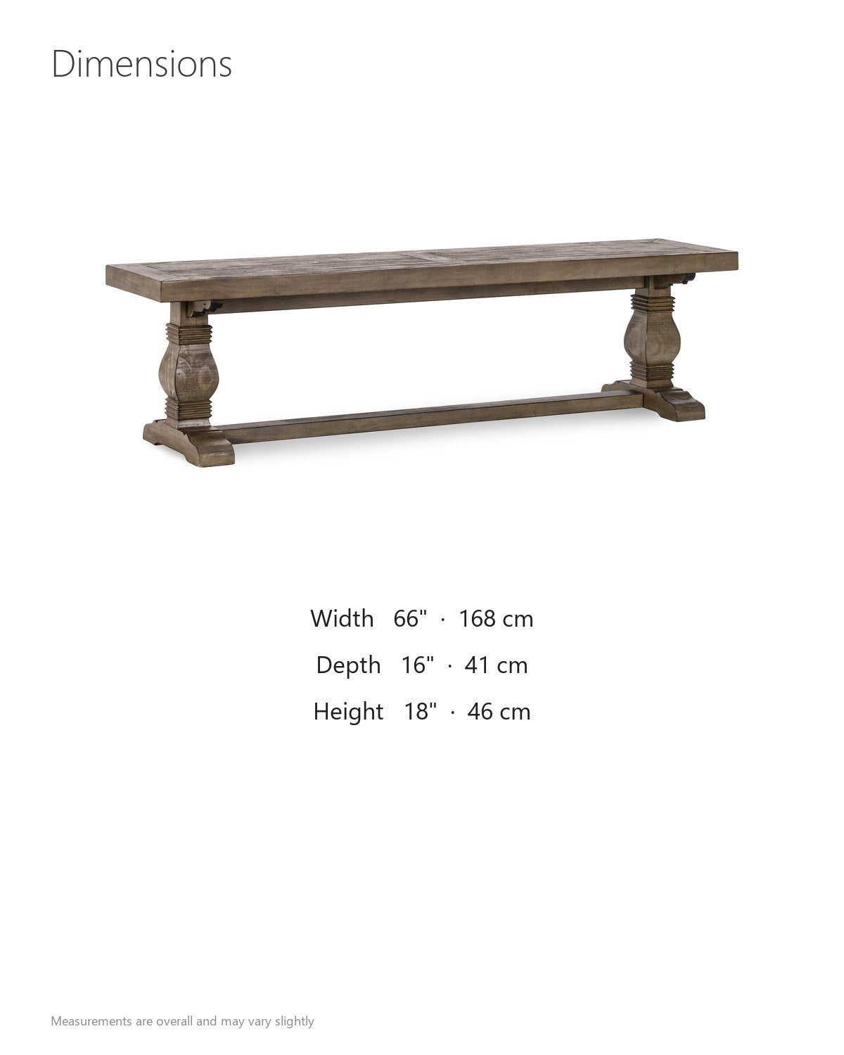 Maierato 66-Inch Reclaimed Pine Pedestal Dining Bench, Seats 3 dimensions