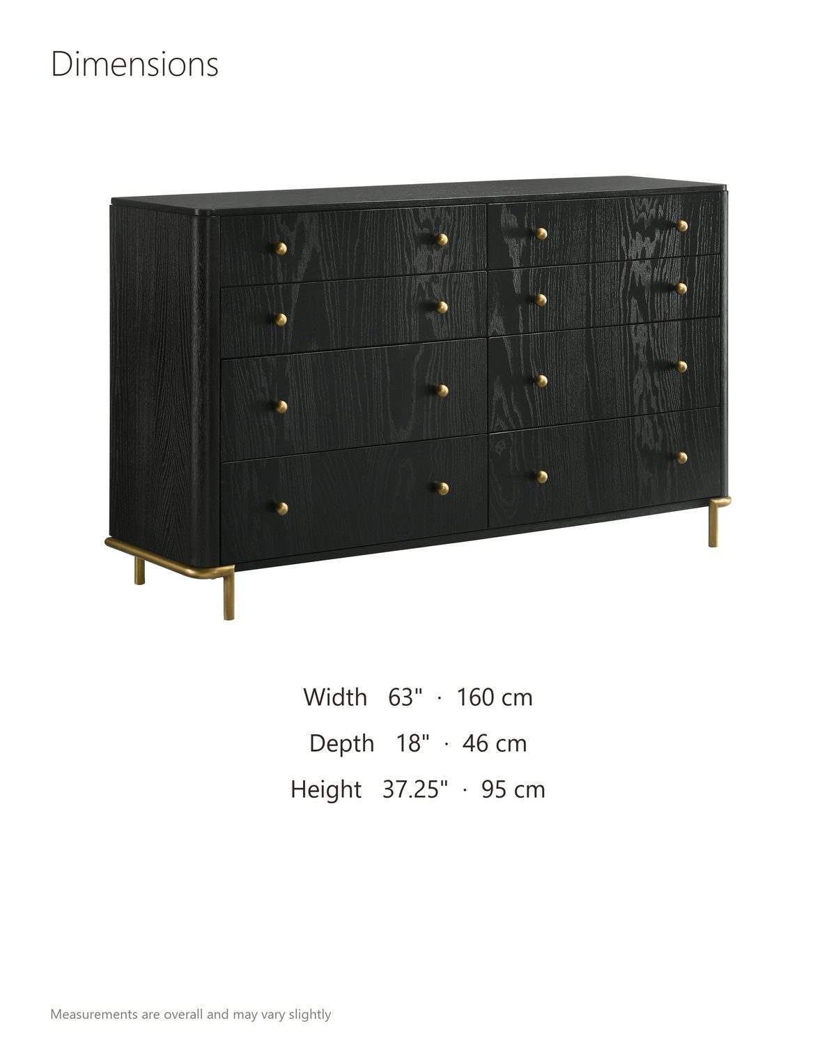 Malcesine 63-Inch Wire-Brushed Black 8-Drawer Dresser dimensions: 63 in wide, 18 in deep, 37.25 in high