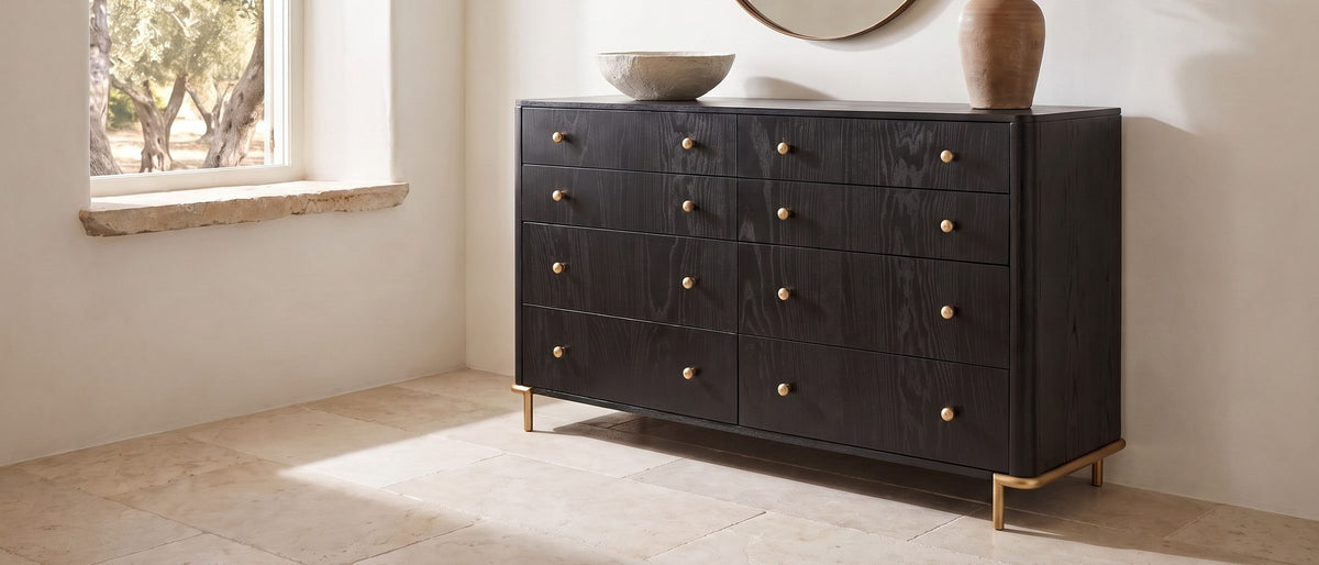Malcesine 63-Inch Wire-Brushed Black 8-Drawer Dresser in the room