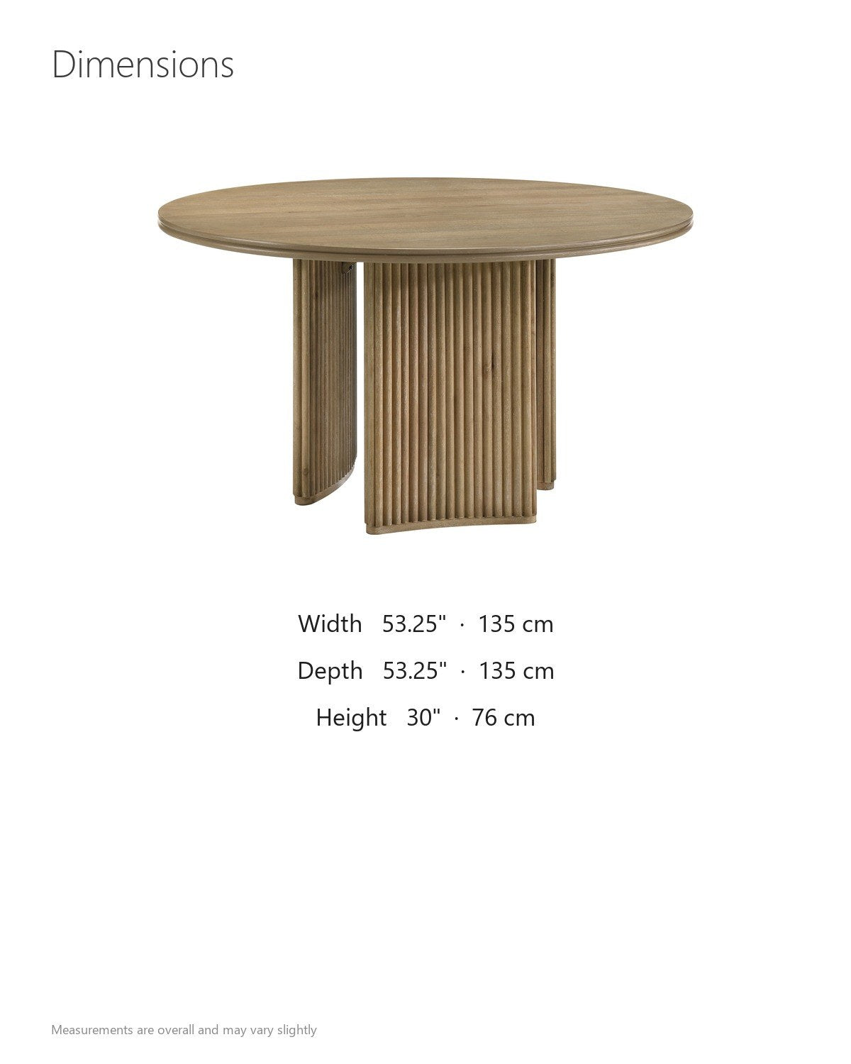 Malvito 53-Inch Round Ash Veneer Reeded Pedestal Dining Table dimensions