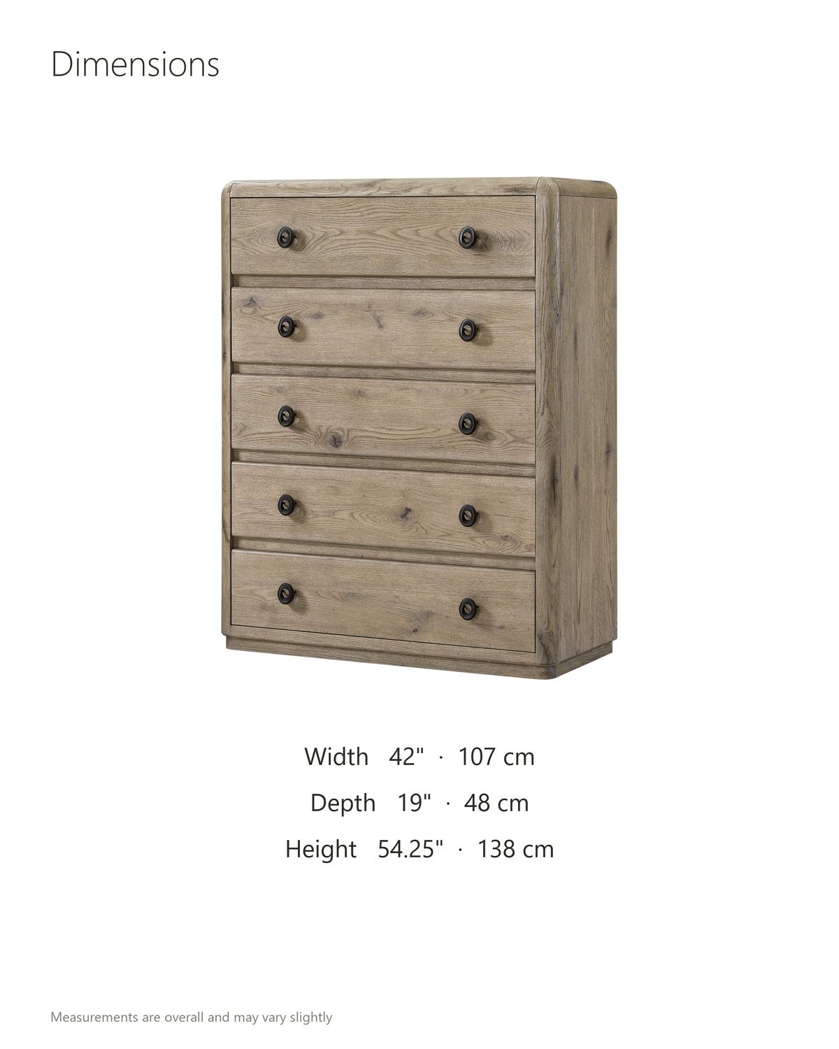 Maniago 42-Inch Weathered Natural Oak 5-Drawer Chest dimensions: 42 in wide, 19 in deep, 54.25 in high