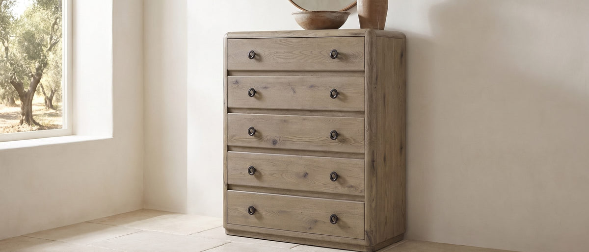 Maniago 42-Inch Weathered Natural Oak 5-Drawer Chest in the room