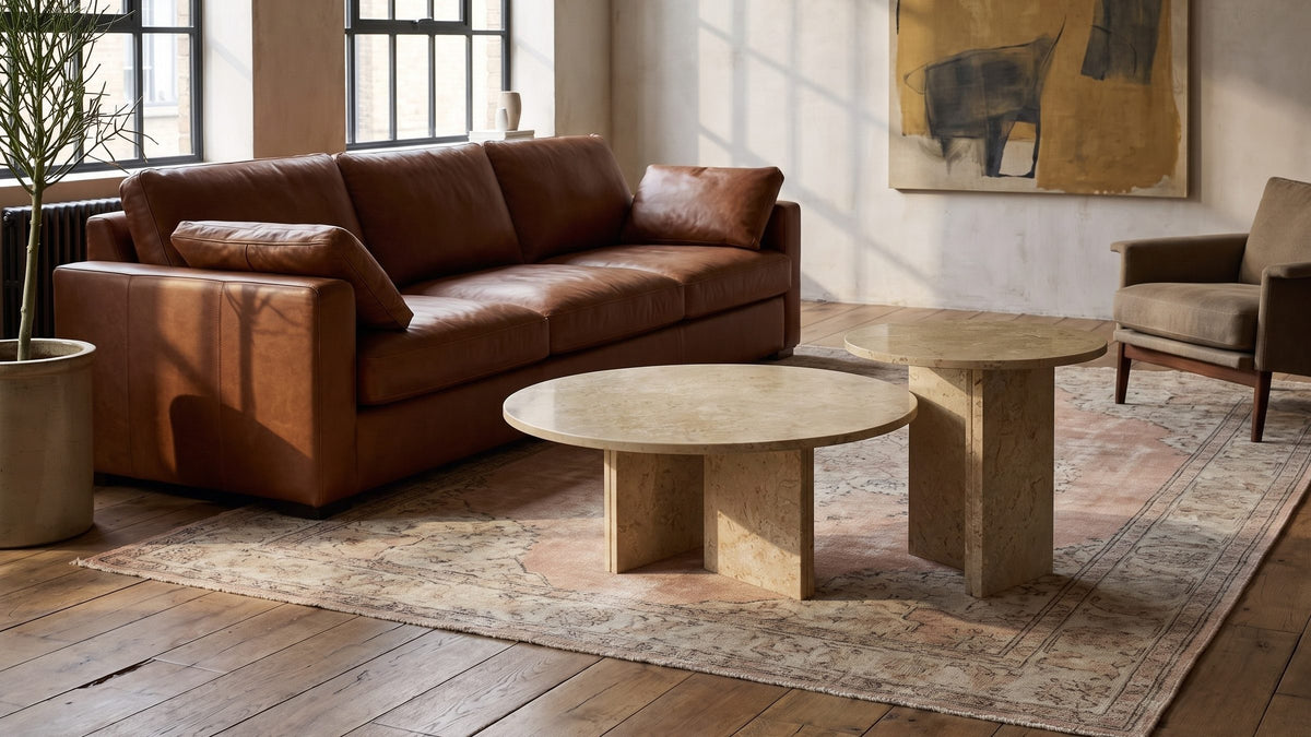Set for a sofa, in gold beige. - Mantova Gold Beige Marble Nesting Coffee Tables, Set of 2