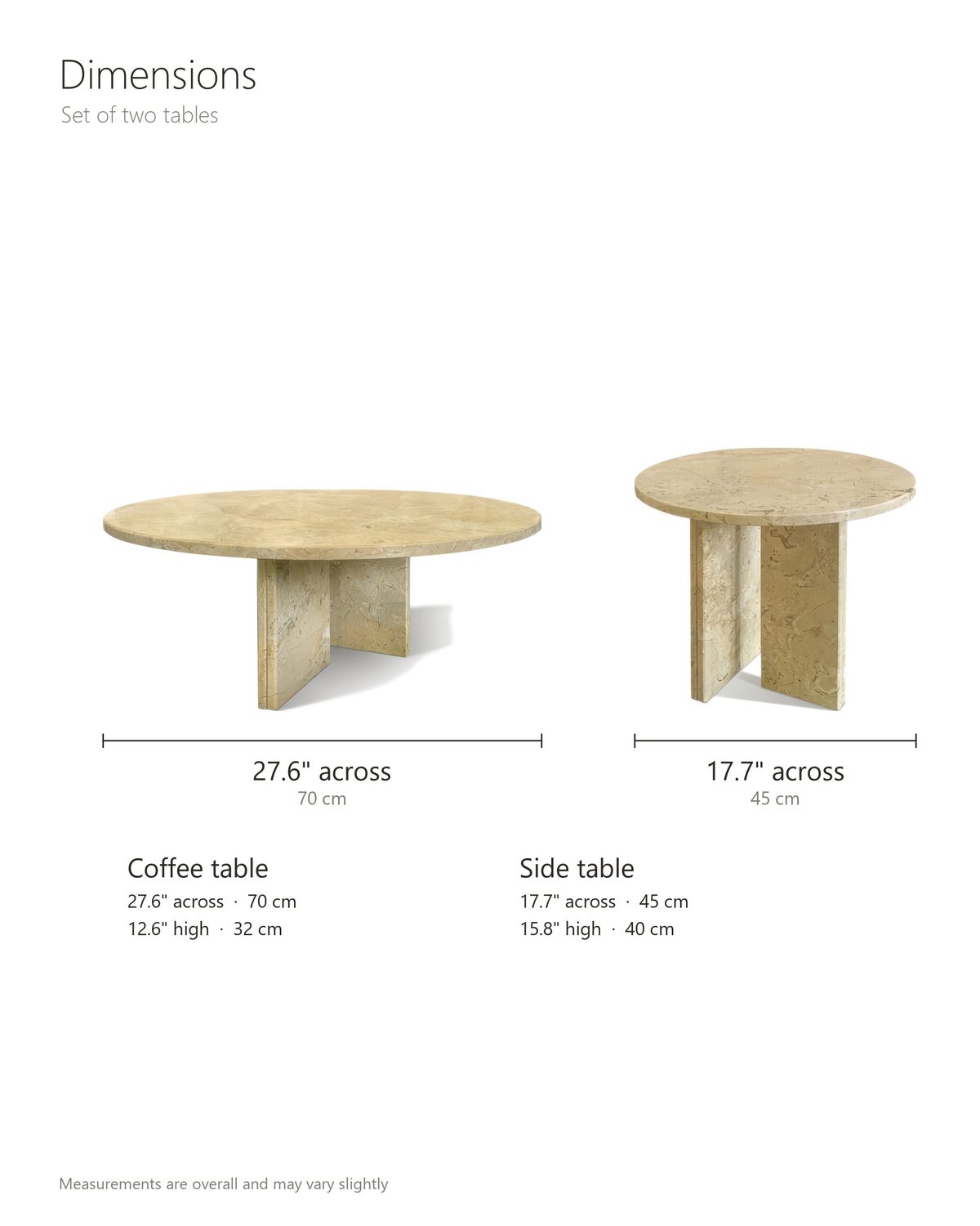 Mantova Gold Beige Marble Nesting Coffee Tables, Set of 2 dimensions: coffee table 27.6 in across and 12.6 in high, side table 17.7 in across and 15.8 in high
