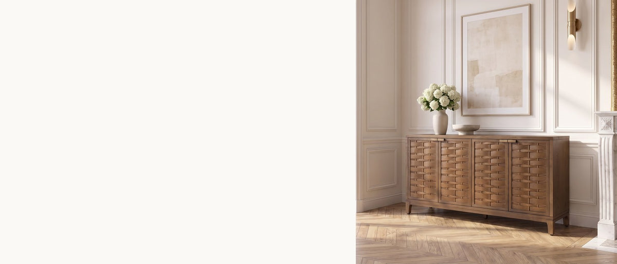 A woven front, a quiet case. - Marcellinara 59-Inch 4-Door Woven-Front Brown Sideboard