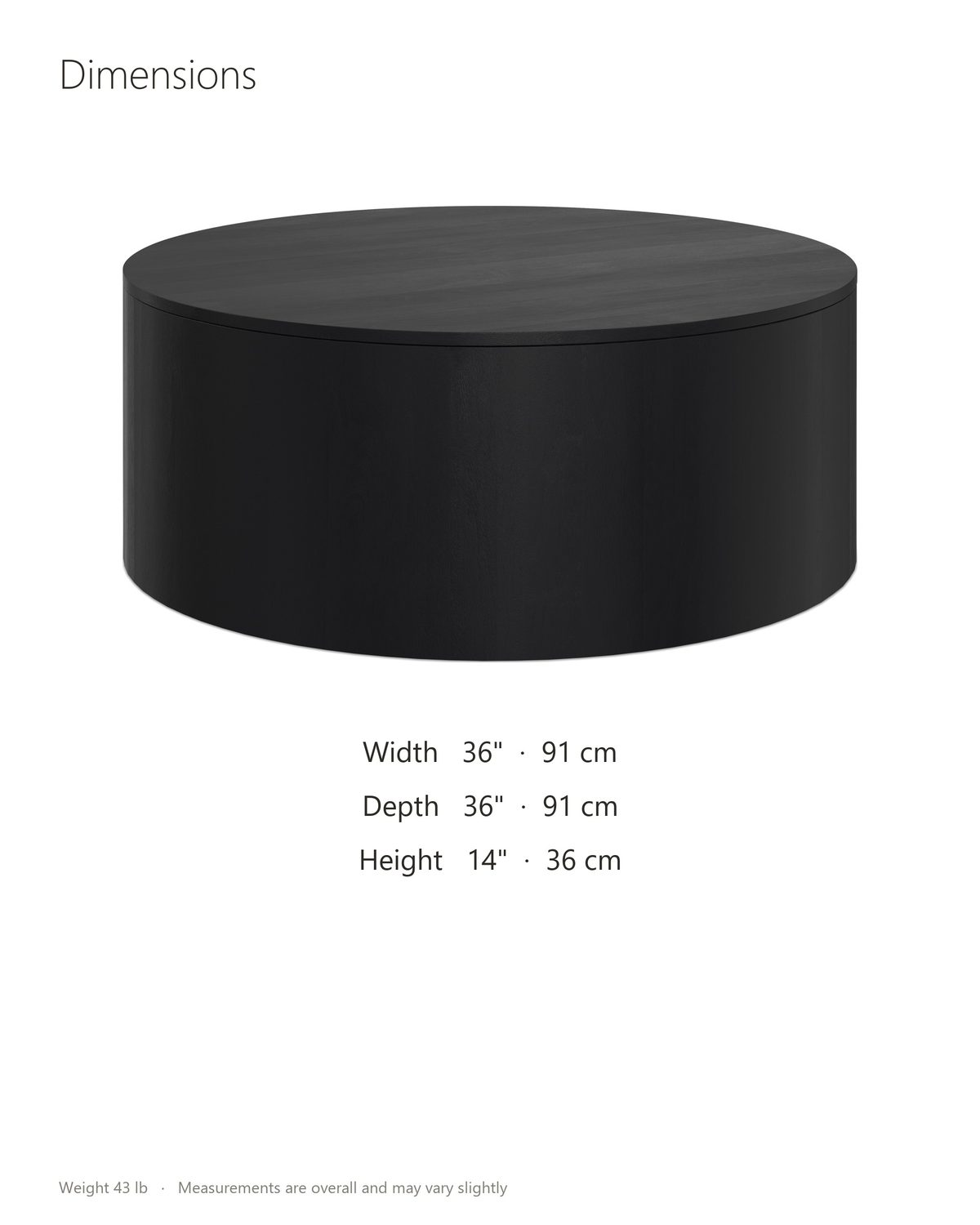Marostica Black Mango Drum Coffee Table dimensions: 36 in wide, 36 in deep, 14 in high