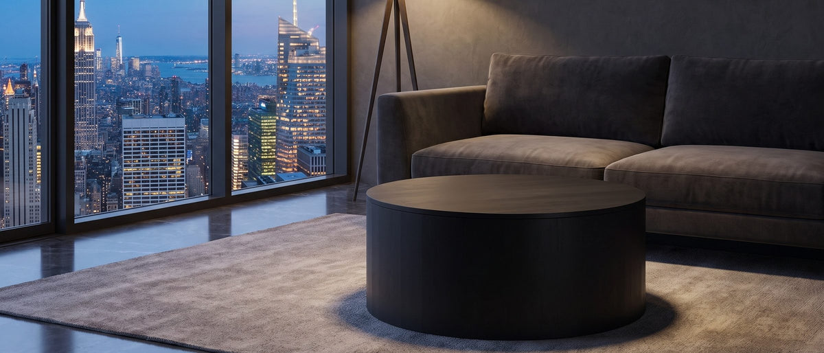 Marostica Black Mango Drum Coffee Table in the room