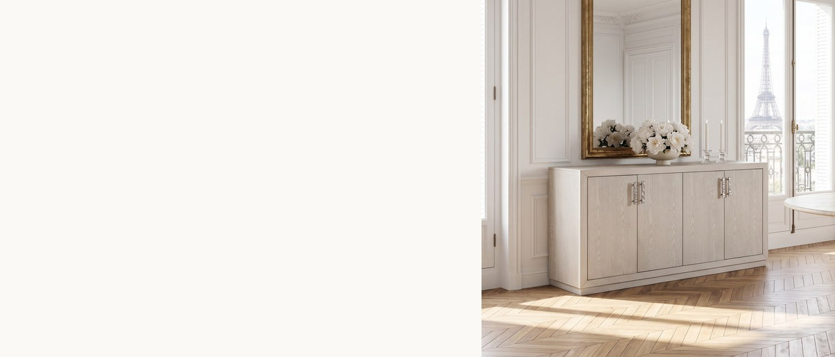 Pale oak, quiet front. - Martirano 60-Inch 4-Door Antique White Oak Veneer Sideboard