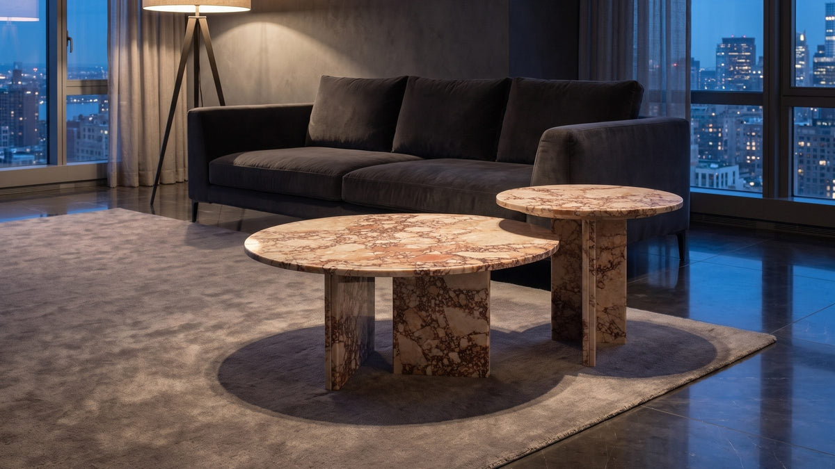 Set in rosa, in two heights. - Marzamemi Rosa Marble Nesting Coffee Tables, Set of 2