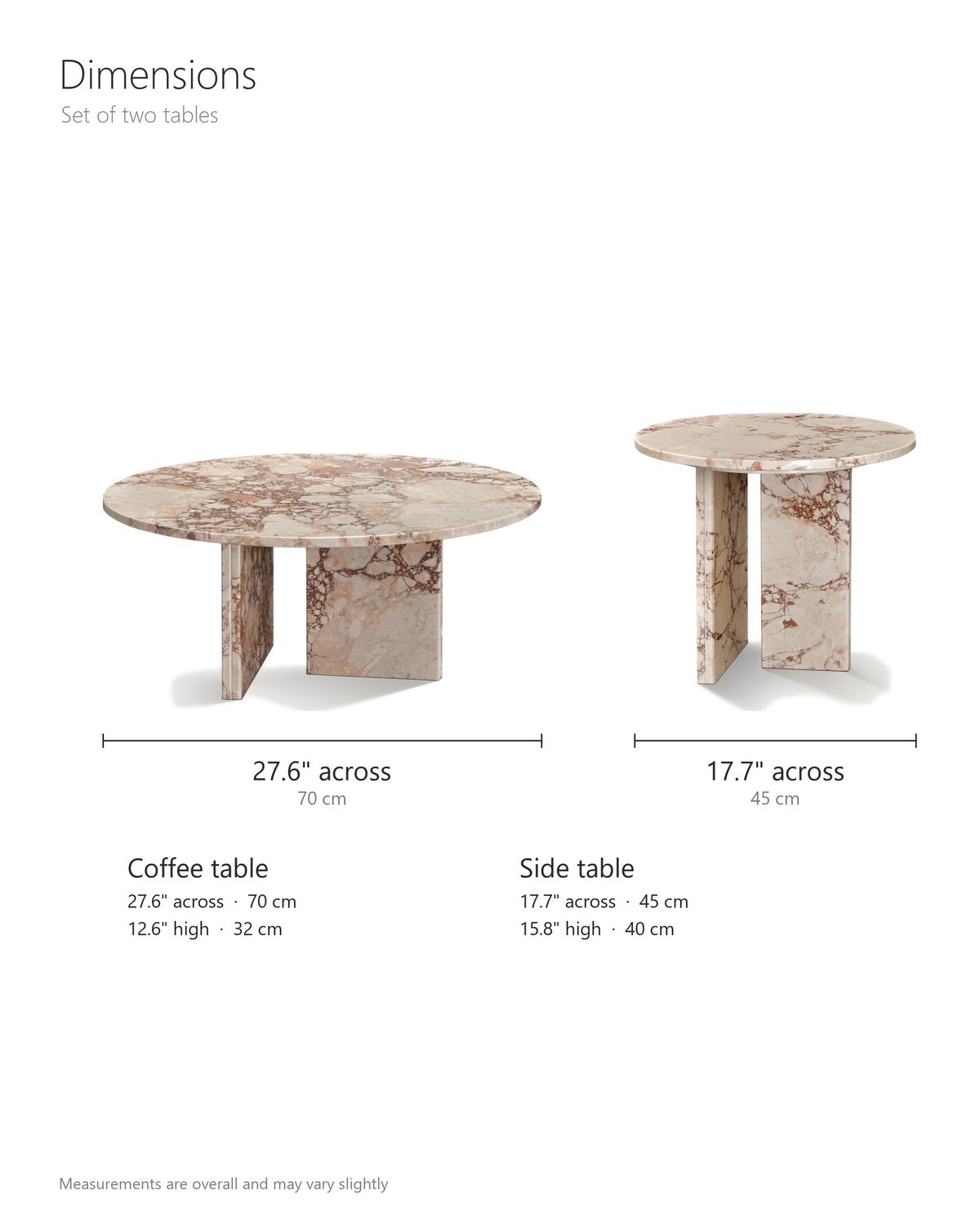Marzamemi Rosa Marble Nesting Coffee Tables, Set of 2 dimensions: coffee table 27.6 in across and 12.6 in high, side table 17.7 in across and 15.8 in high
