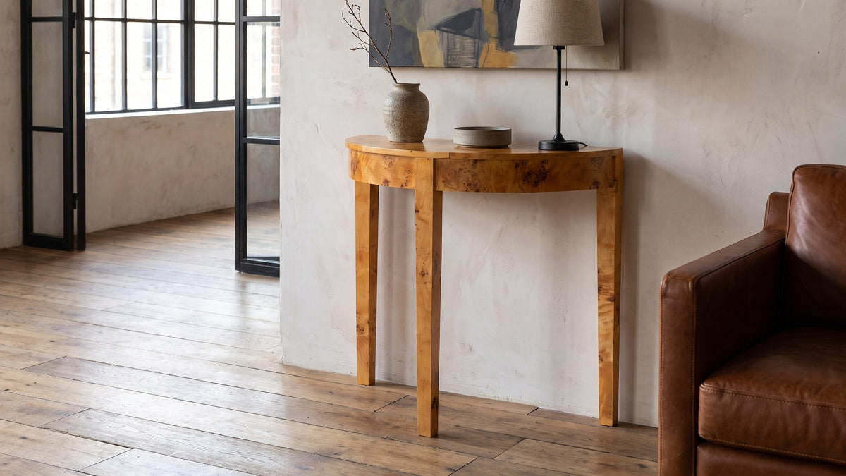 A curve of warm burl. - Massafra Burl Half-Moon Console Table