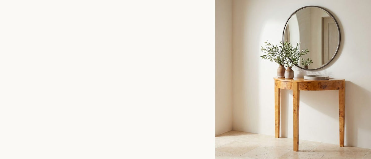 Three legs, one curve of burl. - Massafra Burl Half-Moon Console Table