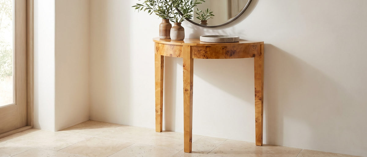 Massafra Burl Half-Moon Console Table in the room