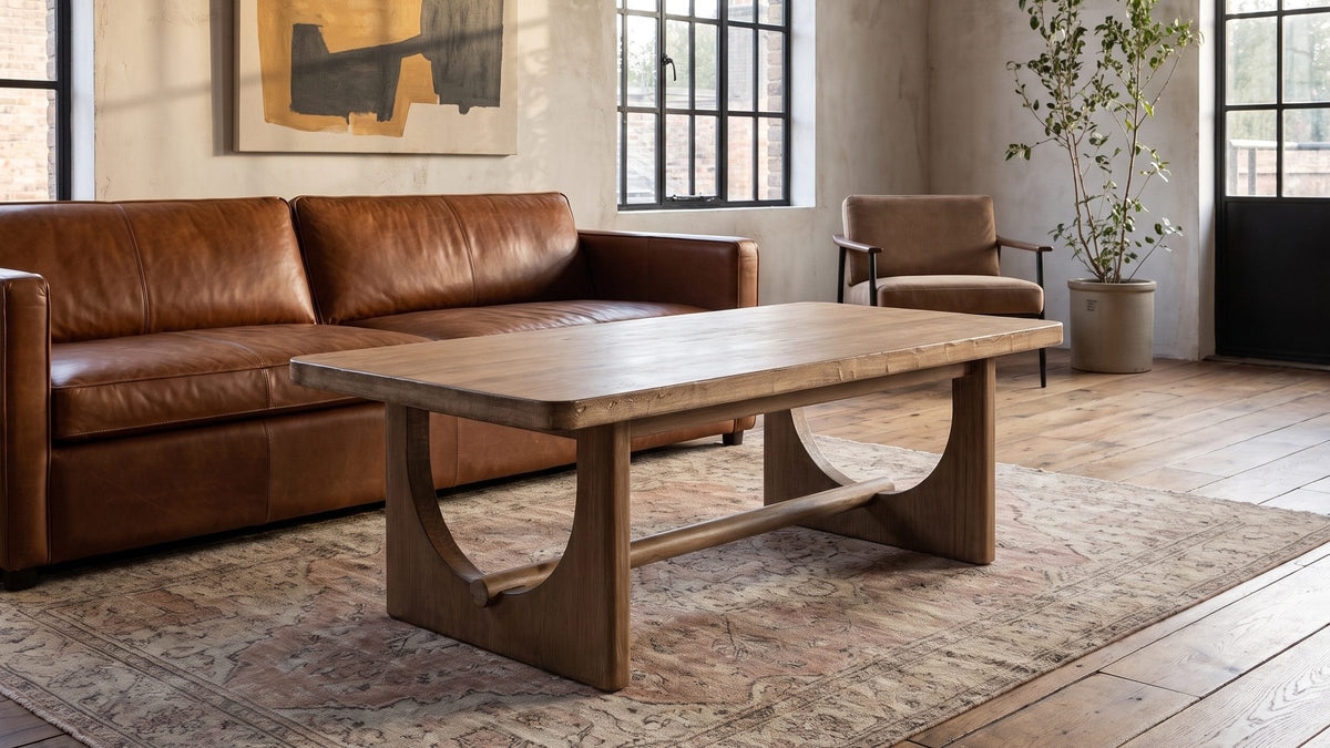 Warm wood, simple structure. - Matelica Reclaimed Pine Trestle Coffee Table