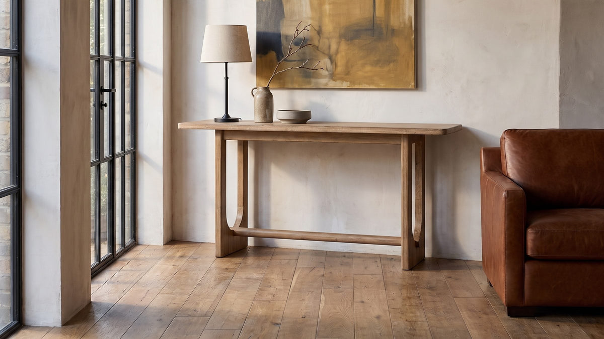 A long line of weathered pine. - Matelica Reclaimed Pine Trestle Console Table