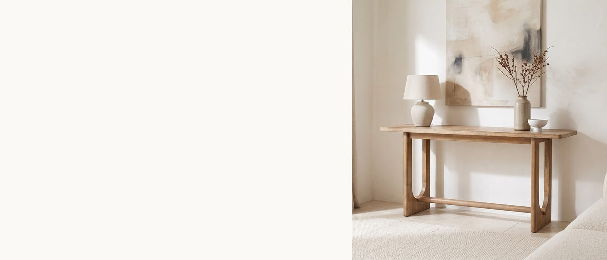 Two U-cut ends, one round rail. - Matelica Reclaimed Pine Trestle Console Table