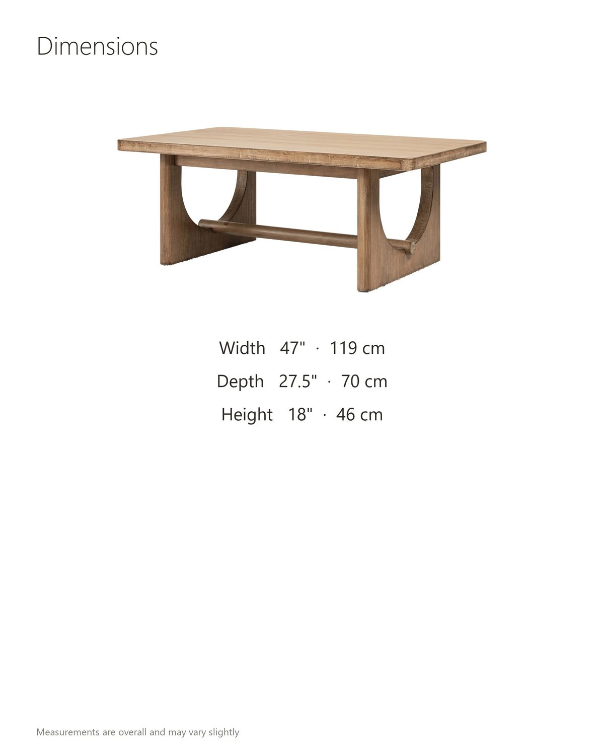 Matelica Reclaimed Pine Trestle Coffee Table dimensions: 47 in wide, 27.5 in deep, 18 in high