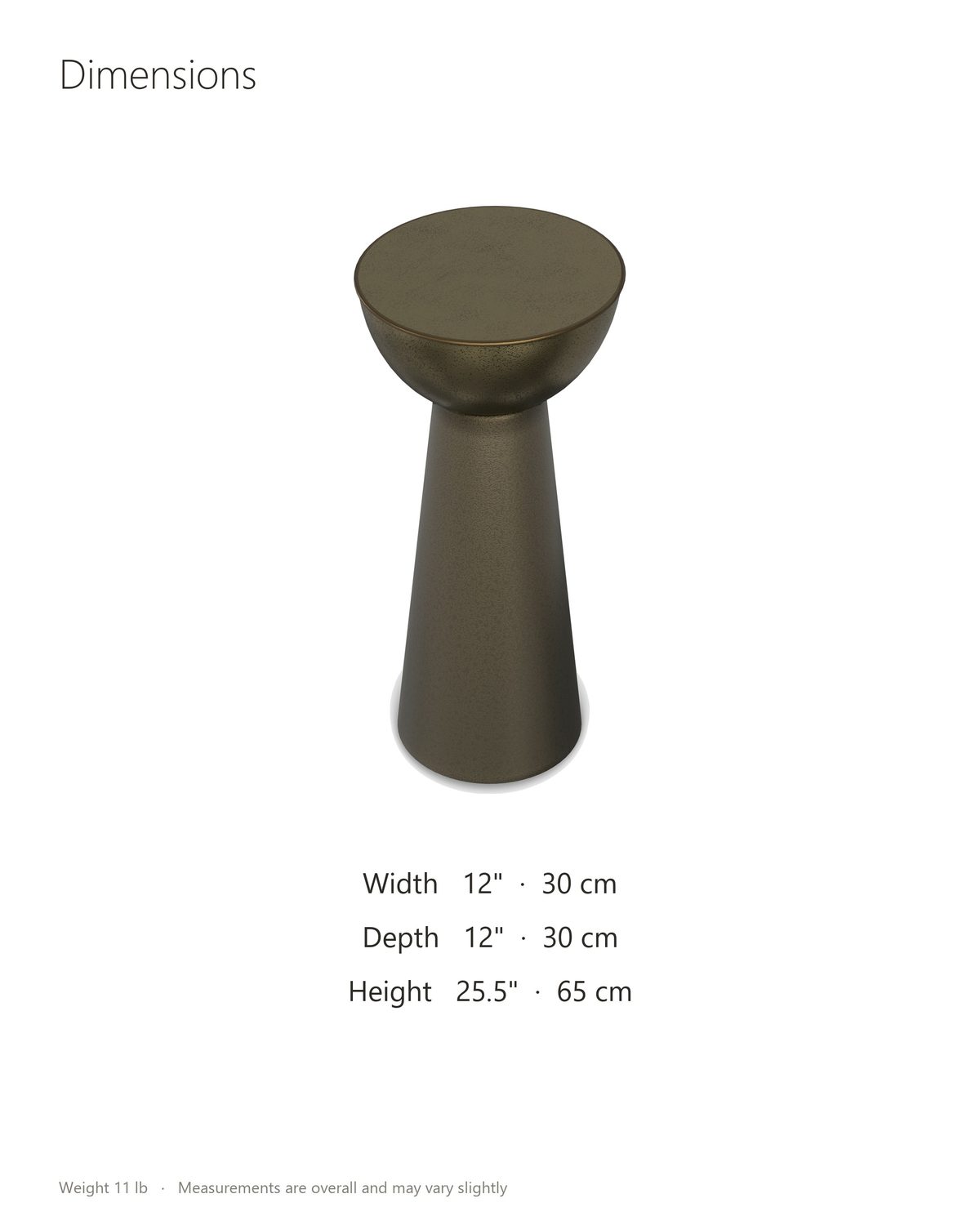 Melpignano Antique Gold Iron Pedestal Side Table dimensions: 12 in wide, 12 in deep, 25.5 in high