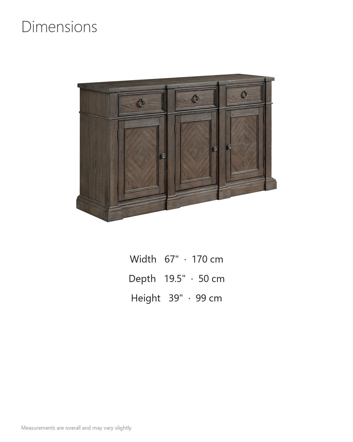 Miglierina 67-Inch 3-Drawer 3-Door Ash Veneer Breakfront Sideboard dimensions