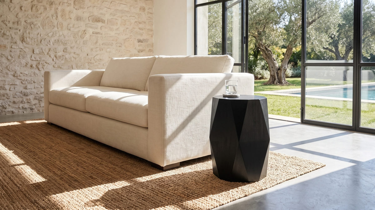 A strong dark accent. - Miglionico Black Mango Wood Faceted Drum Side Table