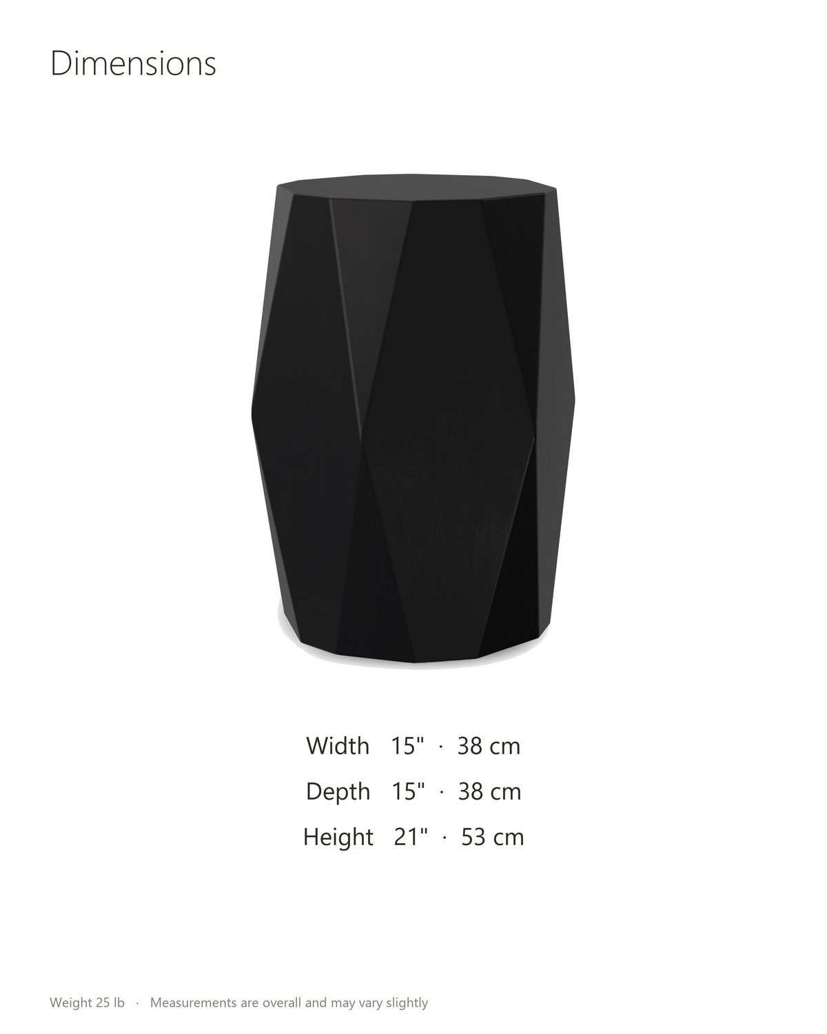 Miglionico Black Mango Wood Faceted Drum Side Table dimensions: 15 in wide, 15 in deep, 21 in high