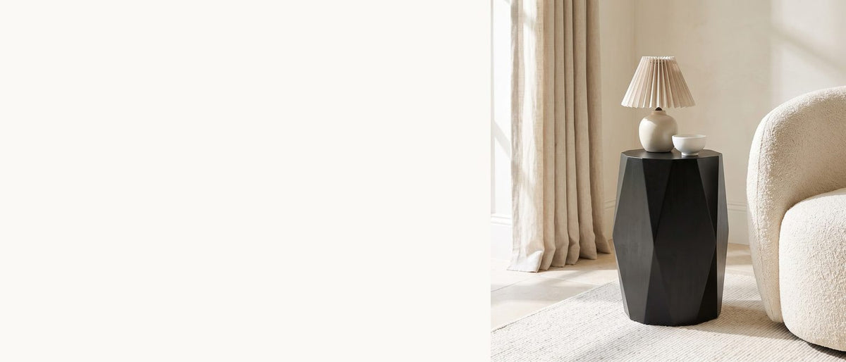 Black facets, solid mango. - Miglionico Black Mango Wood Faceted Drum Side Table