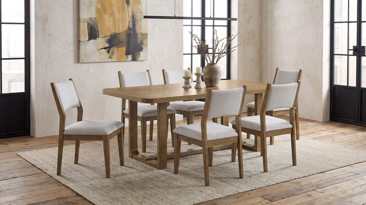 Light oak, soft grey. - Mileto 72-Inch Light Oak Trestle Dining Set with 6 Upholstered Chairs