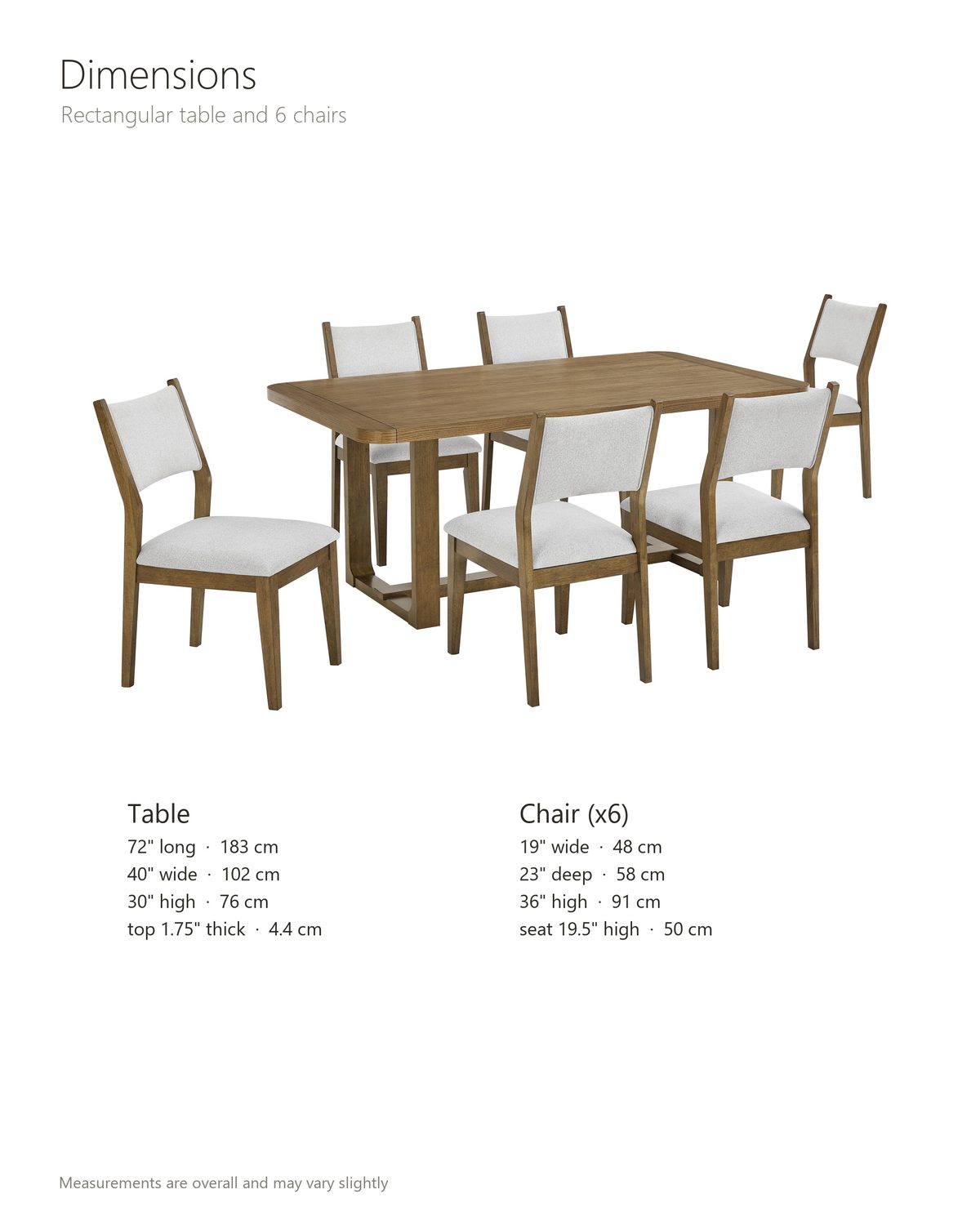 Mileto 72-Inch Light Oak Trestle Dining Set with 6 Upholstered Chairs dimensions: rectangular table 72 in long, 40 in wide and 30 in high, top 1.75 in thick, trestle base 52.75 x 25 in; each chair 19 in wide, 23 in deep and 36 in high, seat 19.5 in high