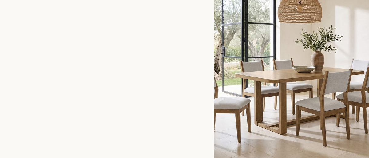 Breadboard ends, a U-frame trestle. - Mileto 72-Inch Light Oak Trestle Dining Set with 6 Upholstered Chairs