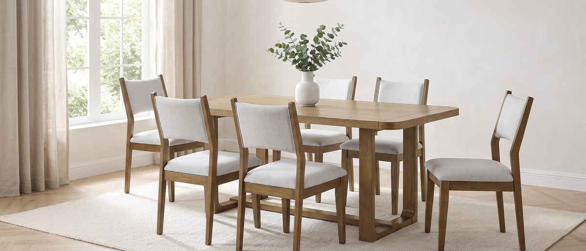 Mileto 72-Inch Light Oak Trestle Dining Set with 6 Upholstered Chairs in the room