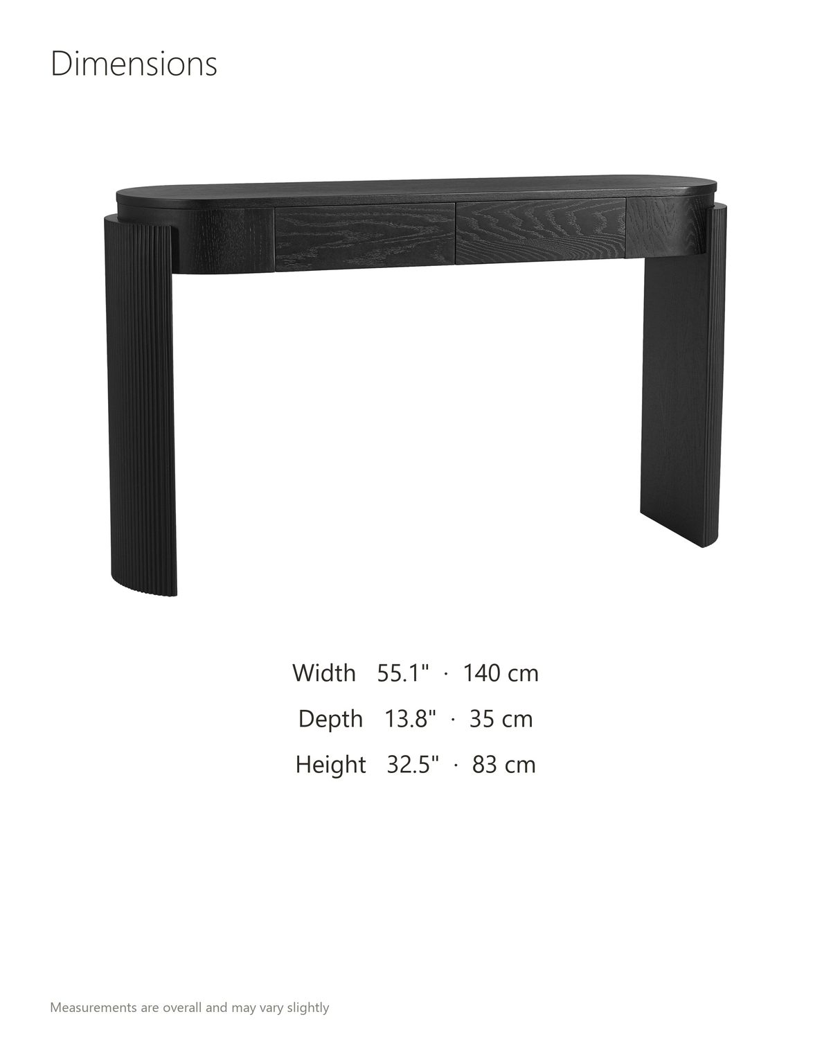 Minervino Black Oak Fluted Racetrack Console Table dimensions: 55.1 in wide, 13.8 in deep, 32.5 in high
