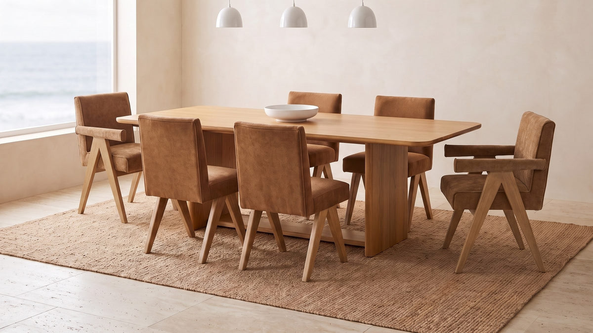 Light oak, warm brown. - Minturno 95-Inch Light Oak Sled Base Dining Set with 6 Chairs