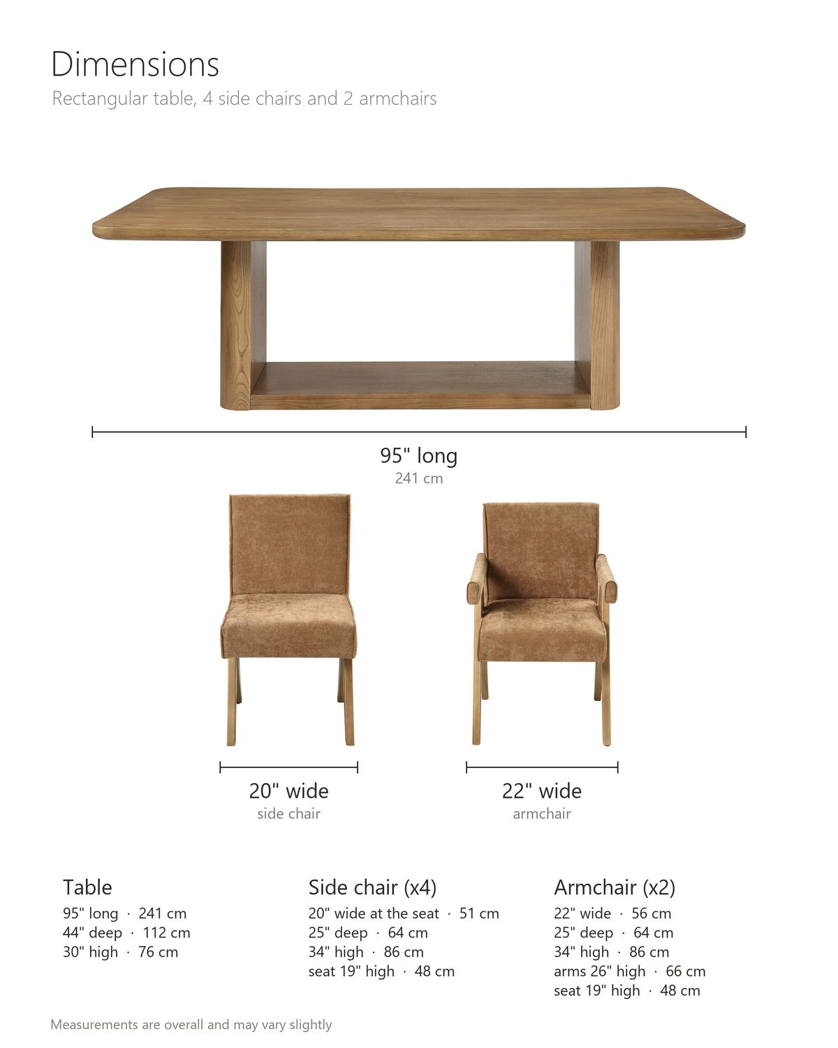 Minturno 95-Inch Light Oak Sled Base Dining Set with 6 Chairs dimensions: table 95 in long, 44 in deep and 30 in high; each side chair 20 in wide at the seat, 25 in deep and 34 in high, seat 19 in high; each armchair 22 in wide, 25 in deep and 34 in high, arms 26 in high