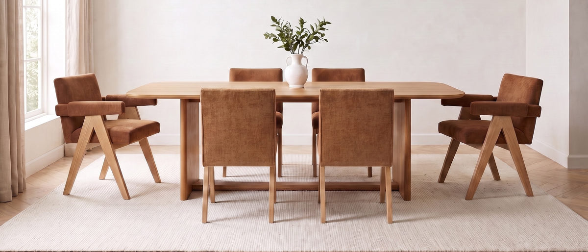 Minturno 95-Inch Light Oak Sled Base Dining Set with 6 Chairs in the room