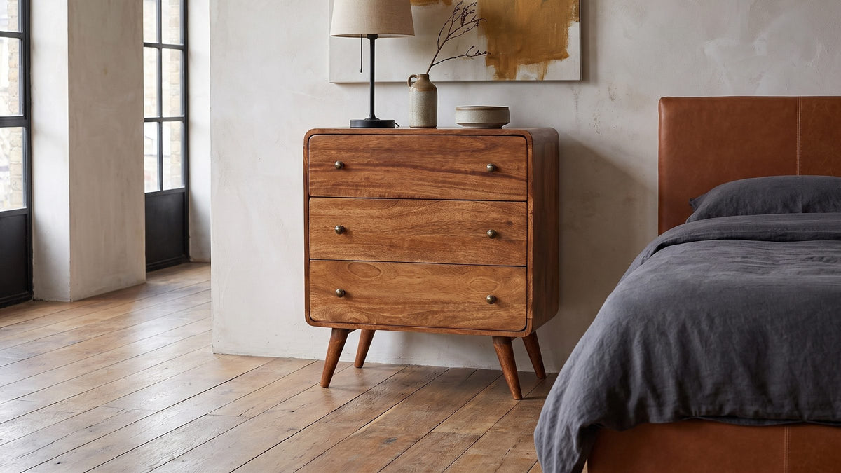 A small chest, big grain. - Mira 28-Inch Honey Caramel Solid Mango 3-Drawer Chest