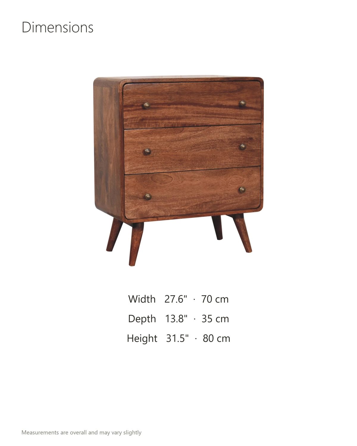 Mira 28-Inch Honey Caramel Solid Mango 3-Drawer Chest dimensions: 27.6 in wide, 13.8 in deep, 31.5 in high