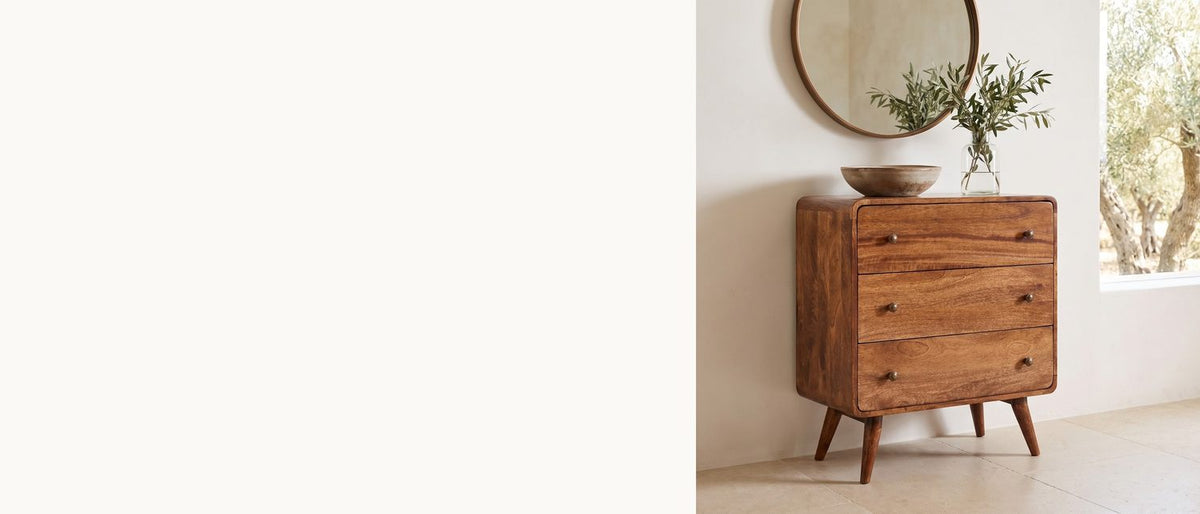 Rounded, warm, solid mango. - Mira 28-Inch Honey Caramel Solid Mango 3-Drawer Chest