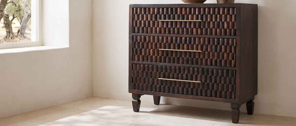 Deep brown, warm light. - Mirano 33-Inch Velvet Mocha Carved Mango 3-Drawer Chest
