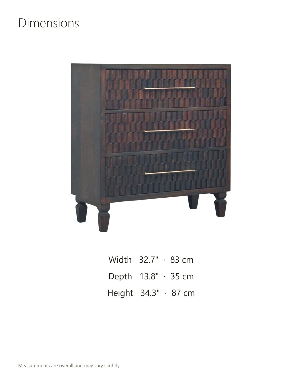 Mirano 33-Inch Velvet Mocha Carved Mango 3-Drawer Chest dimensions: 32.7 in wide, 13.8 in deep, 34.3 in high