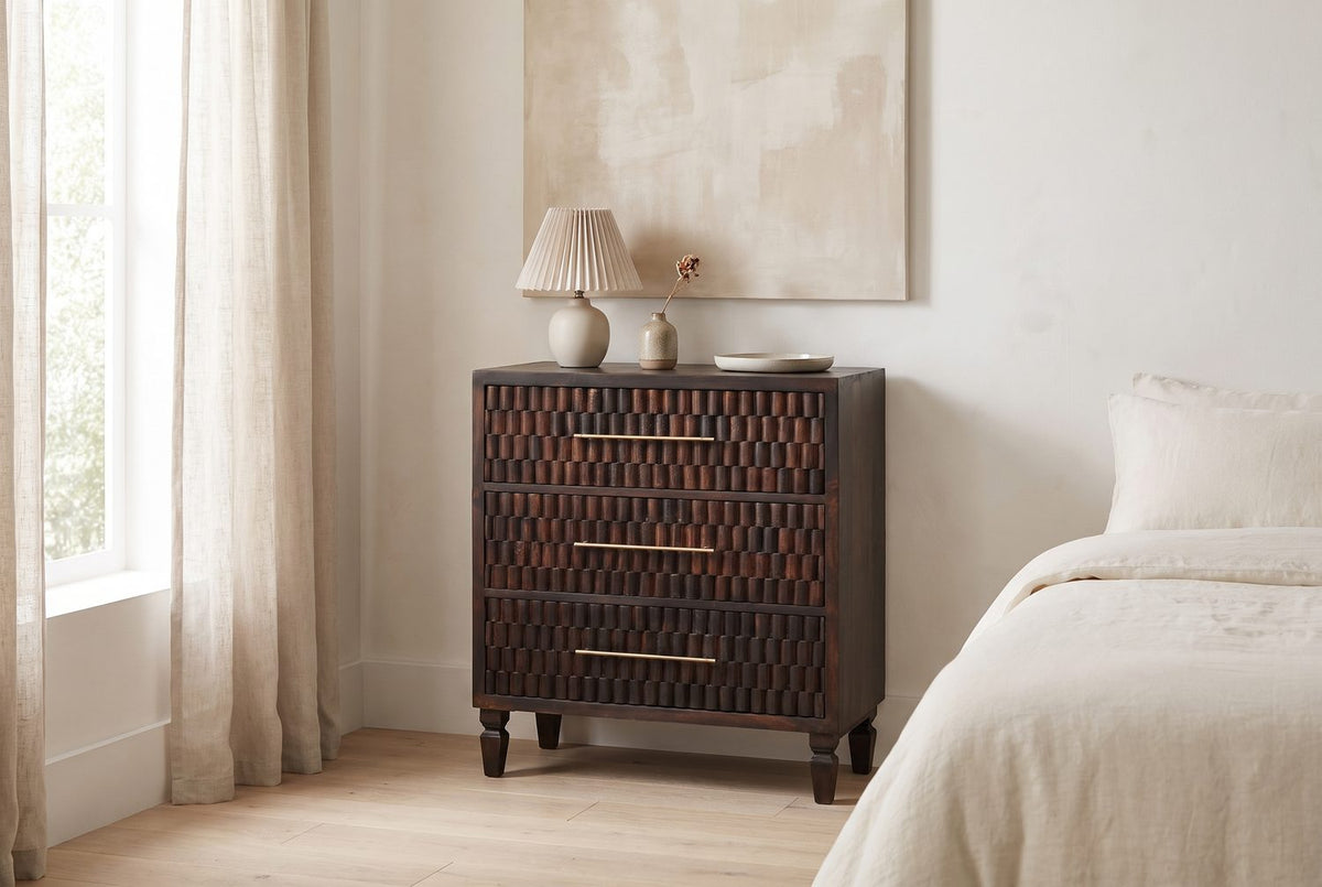 Mirano 33-Inch Velvet Mocha Carved Mango 3-Drawer Chest in the room