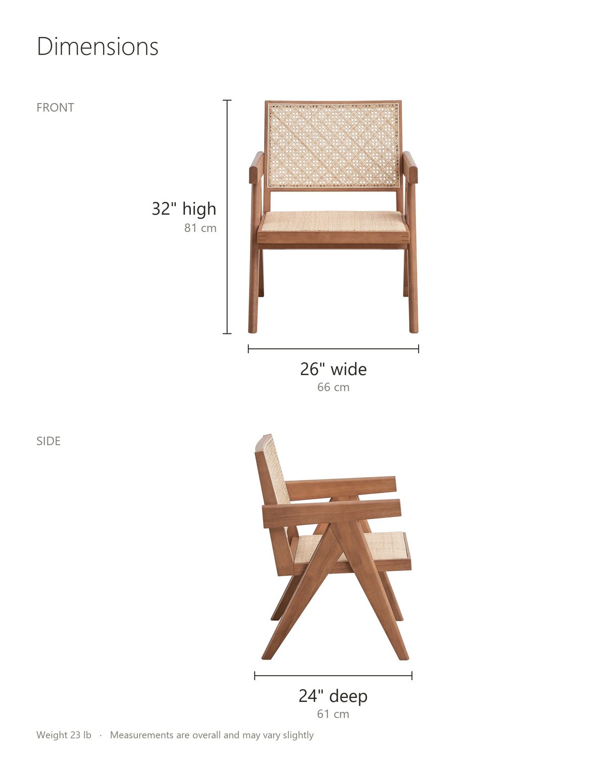 Modena Cane Lounge Chair dimensions: 26 in wide, 24 in deep, 32 in high