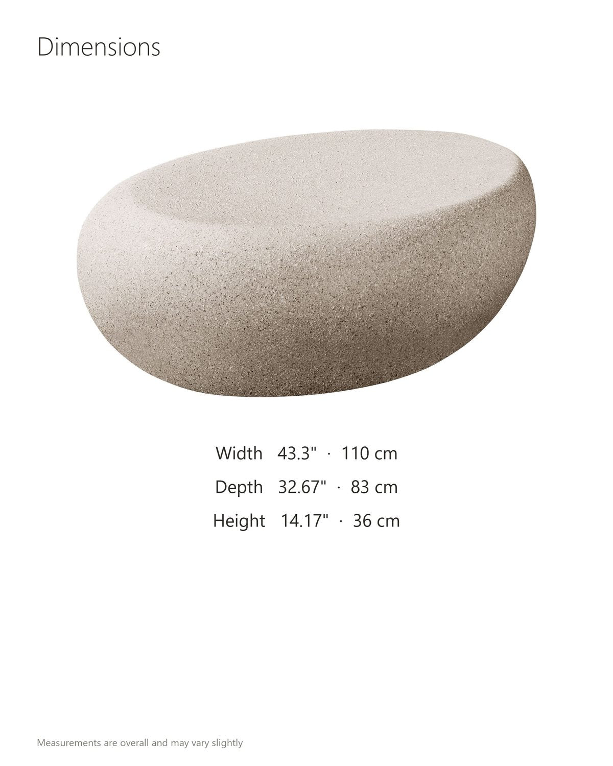 Modica Cream Fiberglass Pebble Coffee Table dimensions: 43.3 in wide, 32.67 in deep, 14.17 in high