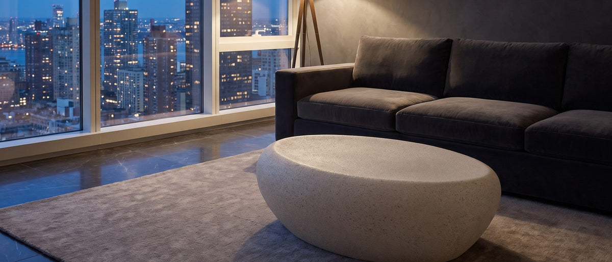 Modica Cream Fiberglass Pebble Coffee Table in the room