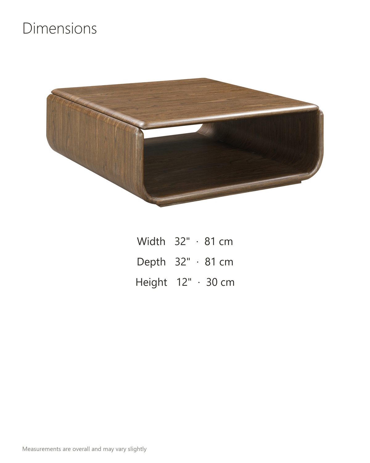 Molveno Walnut-Tone Wood Veneer Coffee Table dimensions: 32 in wide, 32 in deep, 12 in high