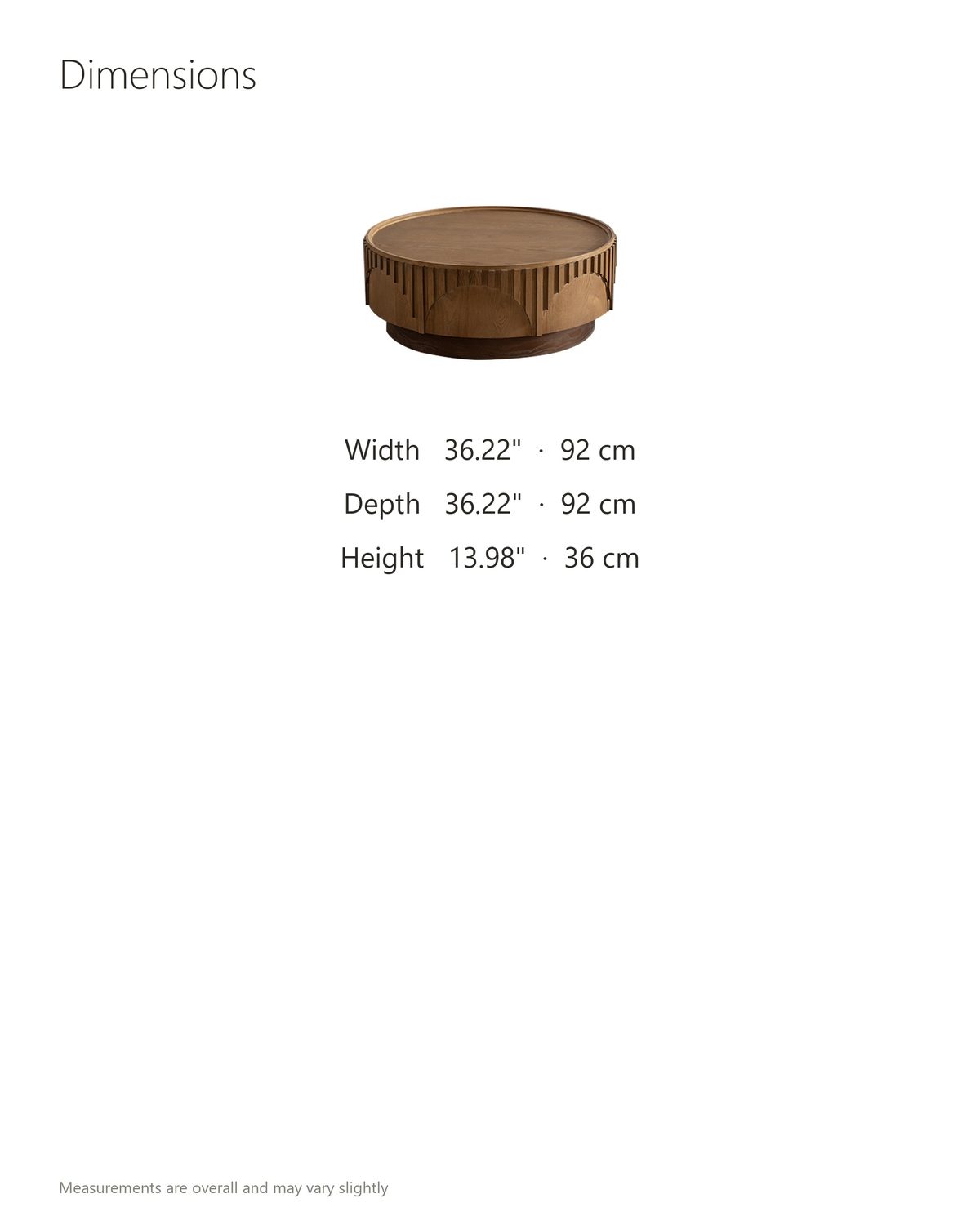 Mondovi 36-Inch Round Carved Limed Ash Drum Coffee Table dimensions: 36.22 in wide, 36.22 in deep, 13.98 in high