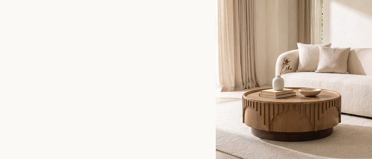 Half-moon arches, limed ash. - Mondovi 36-Inch Round Carved Limed Ash Drum Coffee Table