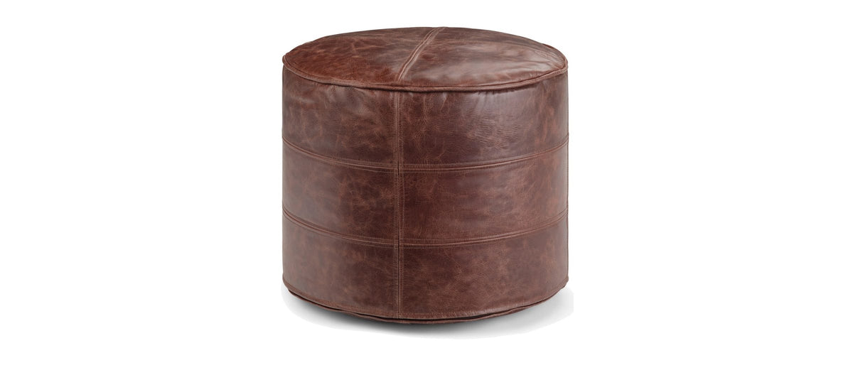 Three bands, one soft drum. - Moneglia Distressed Brown Top-Grain Buffalo Leather Round Pouf