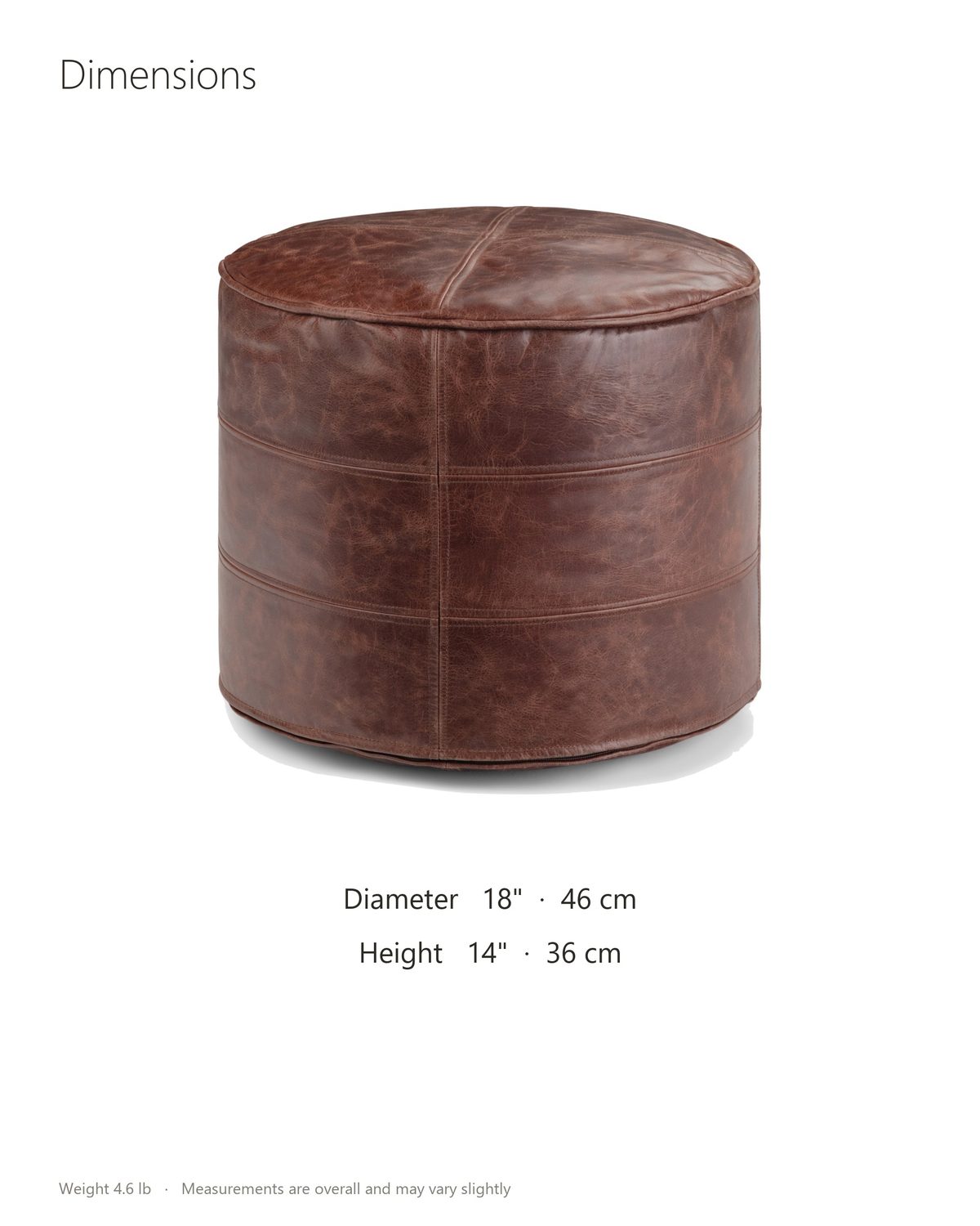 Moneglia Distressed Brown Top-Grain Buffalo Leather Round Pouf dimensions: 18 in diameter, 14 in high